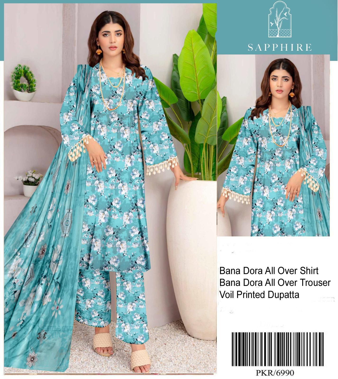 Bana Dora All Over Shirt||Over Trouser||Voil Printed Dupatta